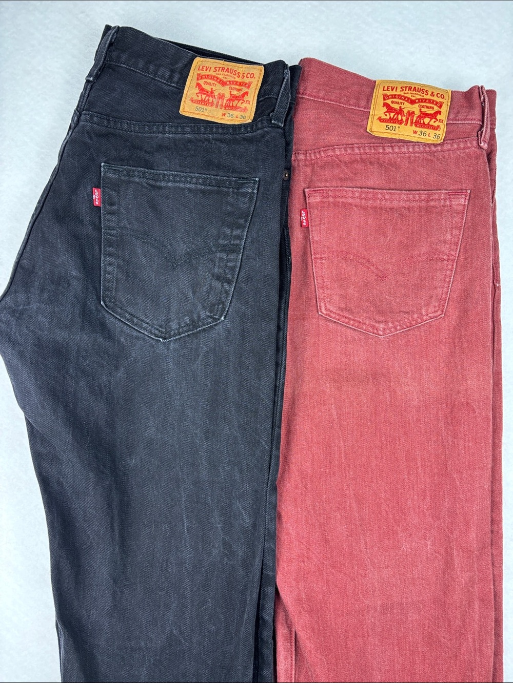 Levi’s 501 Jeans Mens 36x36 Lot 2 Black & Red Straight Leg Button Fly Denim